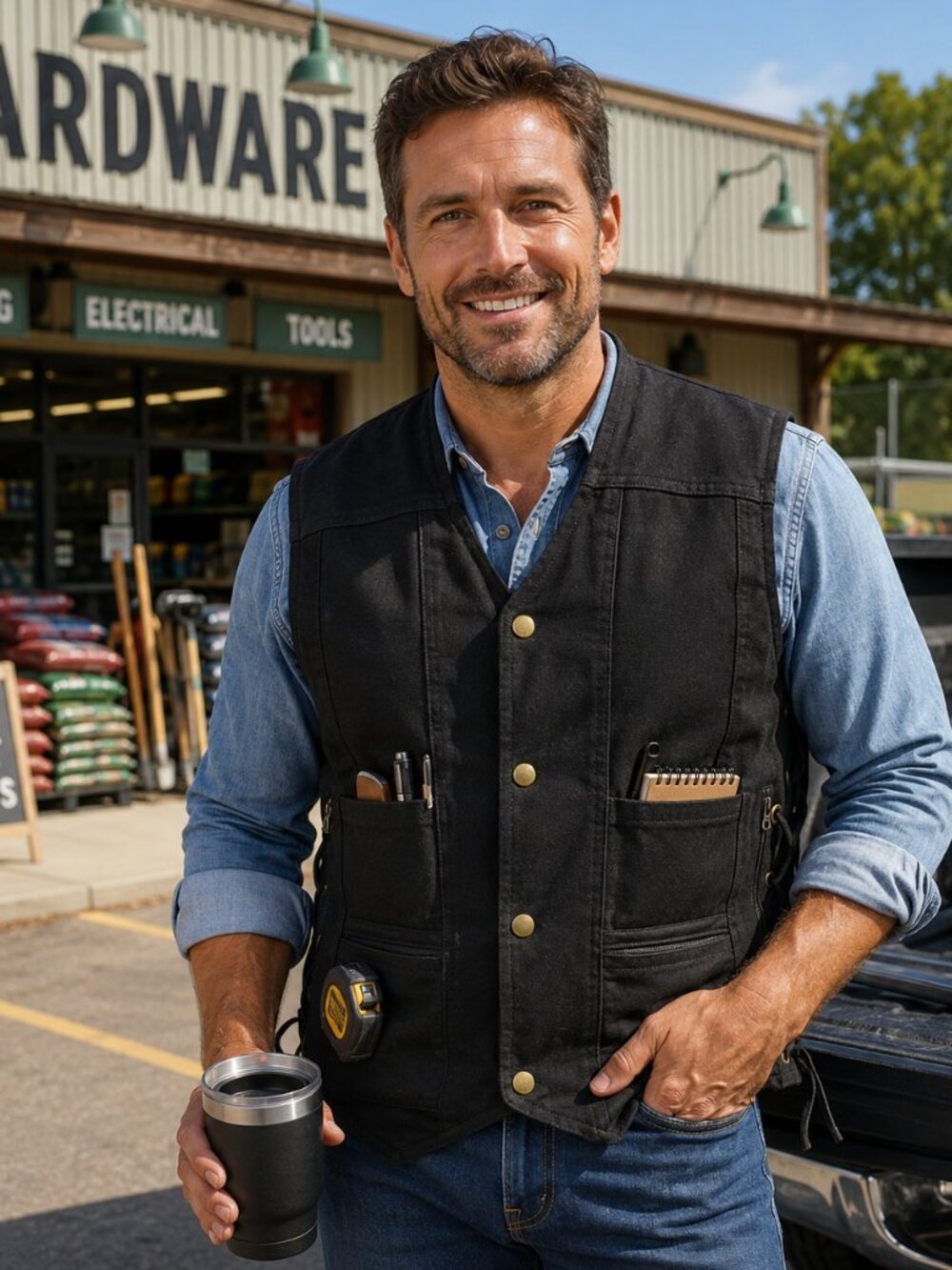 Black Denim 10 Pocket Vest Contractor Style Multi Pocket Summer Vest
